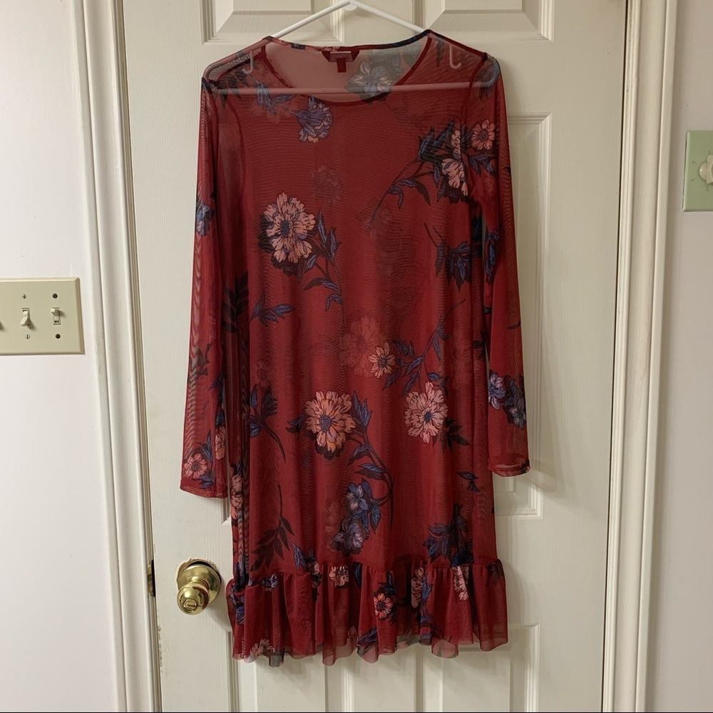 🌷3 for $25🌷Reitmans, US S Red Floral Semi Sheer Long Sleeve Ruffle Bottom Dress - Picture 2 of 6